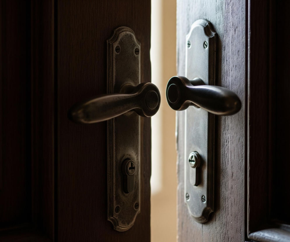 Dwie drewniane, brązowe skrzydła drzwi są lekko uchylone, ukazując jasne wnętrze pomiędzy nimi. Na obu skrzydłach widoczne są metalowe, patynowane klamki z podłużnymi szyldami i otwory na klucz pod nimi, mocowane za pomocą czterech śrub. Klamka na lewym skrzydle jest w nieznacznym cieniu, natomiast prawa jest bardziej oświetlona, co podkreśla jej metaliczny odcień. Faktura drewna na drzwiach jest wyraźnie widoczna, szczególnie na lewym skrzydle.