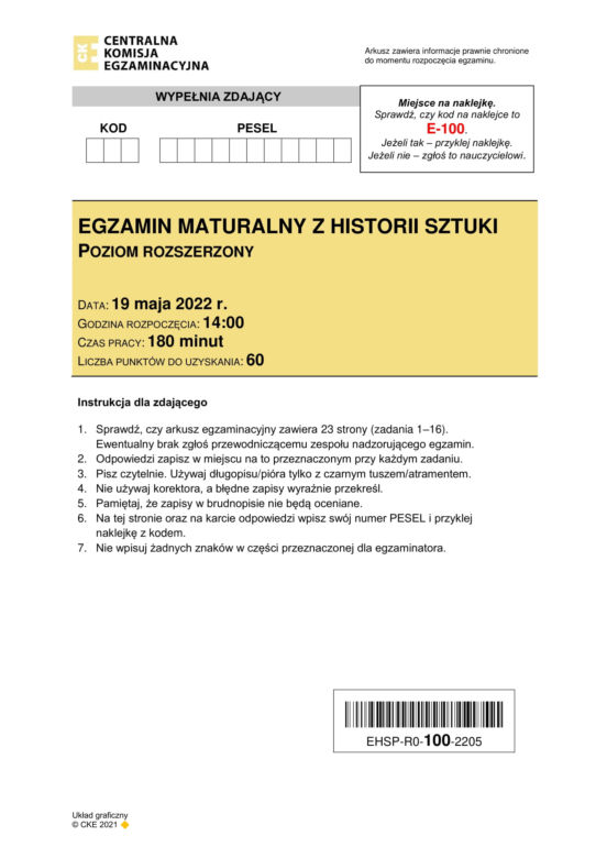 Matura 2022: Arkusz CKE z historii sztuki na poziomie rozszerzonym