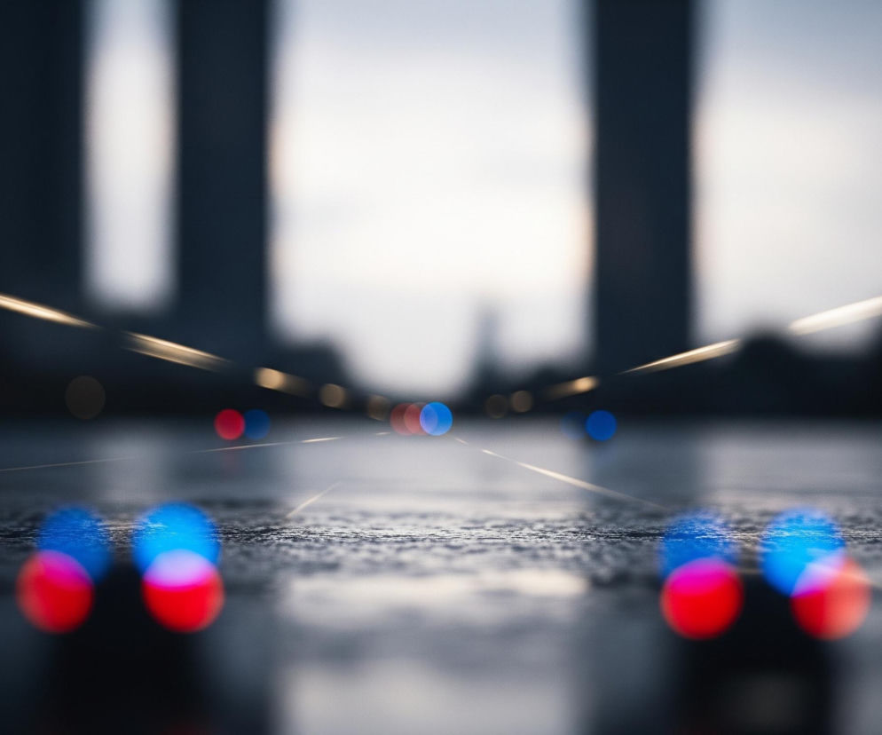 Ulica, pokryta wodą, rozciąga się w głąb kadru, tworząc refleksy odbijające rozmazane światła. Na pierwszym planie po obu stronach widać duże, rozmyte, czerwono-niebieskie światła, przypominające światła tylne pojazdów. W oddali, pośrodku ulicy, widoczne są mniejsze, rozmyte, czerwone i niebieskie punkty świetlne, tworzące wrażenie ruchu i szybkości. Tło stanowią wysokie, ciemne sylwetki budynków po bokach, z jasnym, rozmytym niebem między nimi, a po bokach widać wydłużone, rozmazane smugi światła.