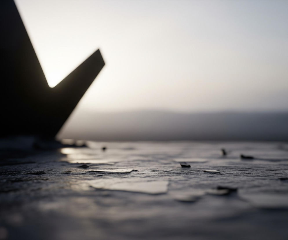 Na pierwszym planie, w lewej części obrazu, widoczny jest duży, ciemny, fragmentaryczny kształt, rzucający wyraźny cień i zajmujący około jednej trzeciej kadru. Prawa strona tego obiektu jest rozjaśniona, co kontrastuje z jego ciemną bryłą. Cały pierwszy plan to nierówna, ciemna powierzchnia, przypominająca ziemię lub chropowaty beton, na której leżą rozrzucone nieregularne, płaskie odłamki o jasnoszarym zabarwieniu, odbijające światło. W tle rozciąga się jasne, rozmyte niebo, w odcieniach bieli, szarości i delikatnego błękitu, z ciemniejszym, niewyraźnym pasmem na horyzoncie, sugerującym odległe wzniesienia.