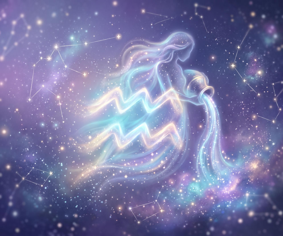 Świecący znak zodiaku Wodnik na tle rozgwieżdżonego nieba. O horoskopie dla Wodnika przeczytasz w Eska.