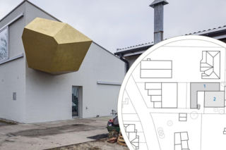 Jest jak architektoniczna broszka. Ma dach z blachy trapezowej i kapsułę złotego kosmonauty. To dom z pracownią artysty 