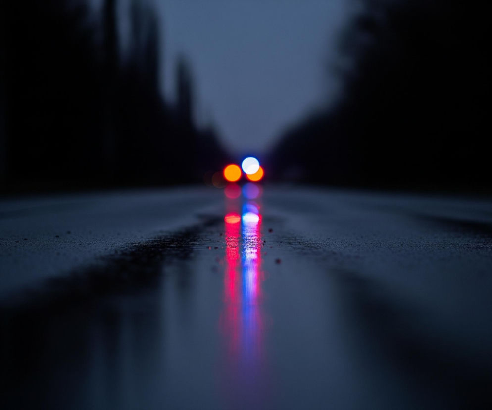 Na pierwszym planie widoczna jest mokra, ciemna nawierzchnia asfaltowa pokryta drobnymi kroplami wody, z wyraźnymi odbiciami świateł. W oddali, na rozmytym tle, znajdują się rozmyte światła pojazdów: dwa pomarańczowe i jedno białe, a także jedno czerwone i jedno niebieskie. Te światła intensywnie odbijają się w kałużach na jezdni, tworząc długie, rozmazane smugi koloru czerwonego i niebieskiego, które dominują na pierwszym planie. Ciemne tło powyżej linii horyzontu sugeruje noc lub bardzo późny wieczór.