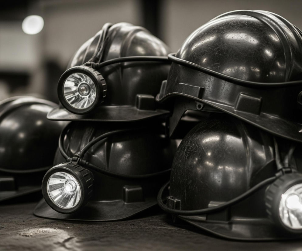 Na pierwszym planie widoczne są cztery czarne kaski ochronne, ułożone jeden na drugim w stosy. Każdy kask ma zamontowaną na froncie okrągłą, błyszczącą latarkę czołową z wyraźnie widocznym źródłem światła. Powierzchnia kasków jest matowa z widocznymi zarysowaniami, co sugeruje ich użytkowanie. Tło jest rozmyte, utrzymane w ciemnych, szaro-czarnych tonach, z kilkoma jasnymi punktami przypominającymi rozproszone światło.
