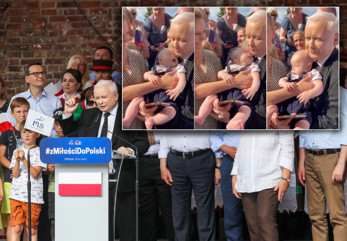 Jarosław Kaczyński z dzidziusiem na rękach ależ on go tuli 