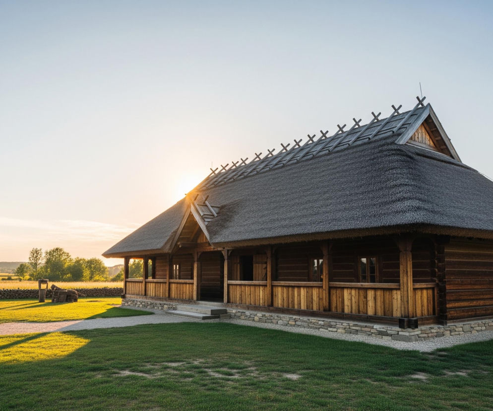 Drewniany dom z dachem krytym strzechą stoi na zielonej trawie, oświetlony zachodzącym słońcem po lewej stronie. Słońce, nisko na horyzoncie, tworzy długie cienie na trawie i rzuca ciepłe, złociste światło na elewację budynku oraz pole w tle. Dach strzechy ozdobiony jest szeregiem drewnianych krzyżyków wzdłuż kalenicy. W tle widoczne są pagórki, drzewa oraz inne, mniejsze zabudowania i kamienny mur.