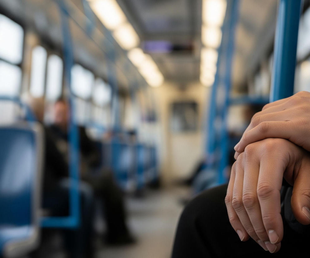 Lewa ręka osoby o jasnej karnacji leży swobodnie na prawej dłoni, która spoczywa na ciemnym materiale. Osoba ta jest ubrana w czarne ubranie. W tle widoczny jest rozmazany wagon metra lub pociągu, z rzędami niebieskich siedzeń po lewej stronie i metalowymi, niebieskimi poręczami rozciągającymi się w głąb kadru. Jasne, podłużne światła oświetlają sufit pojazdu, a przez okna po lewej stronie przenika białe światło dzienne.