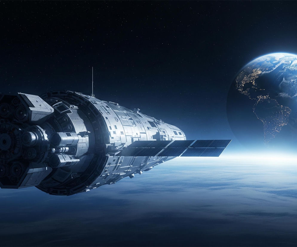 Duży, szary statek kosmiczny z licznymi detalami konstrukcyjnymi, takimi jak panele i rurki, oraz z kilkoma widocznymi silnikami z tyłu, dominuje w lewej części kadru. Z jego boku wystają dwa ciemnoniebieskie panele słoneczne. Na dalszym planie, po prawej stronie, widać częściowo oświetloną kulę ziemską z widocznymi kontynentami i rozświetlonymi obszarami miast, otoczoną jasną, błękitną poświatą. Całość osadzona jest w ciemnej przestrzeni kosmicznej, usianej drobnymi gwiazdami, z błękitną atmosferą Ziemi rozciągającą się poniżej.