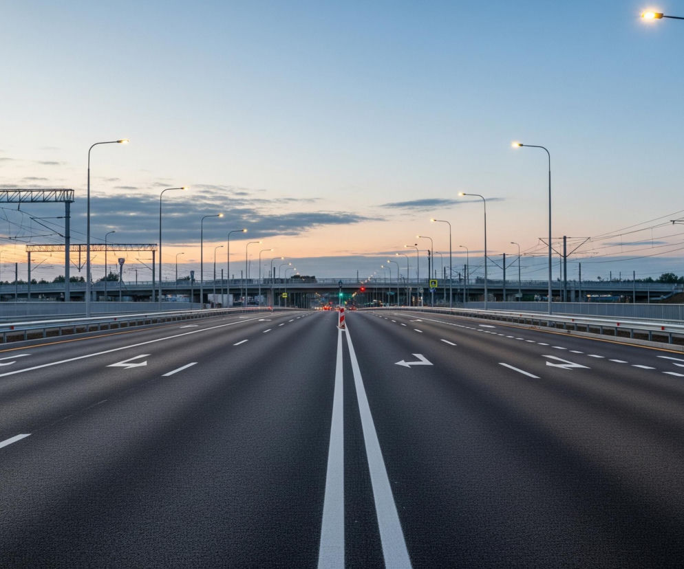 Szeroka, asfaltowa droga rozciąga się w głąb kadru, z dwoma pasami ruchu w każdym kierunku oddzielonymi podwójną, białą linią ciągłą. Na każdym z pasów widoczne są białe strzałki kierunkowe oraz białe linie przerywane, a po bokach drogi biegną bariery ochronne i latarnie uliczne z ciepłym, żółtym światłem. Horyzont u góry obrazu rozświetla się w odcieniach pomarańczy i błękitu, z nielicznymi chmurami. W tle widoczne są konstrukcje mostów lub wiaduktów, a także drzewa i słupy wysokiego napięcia.