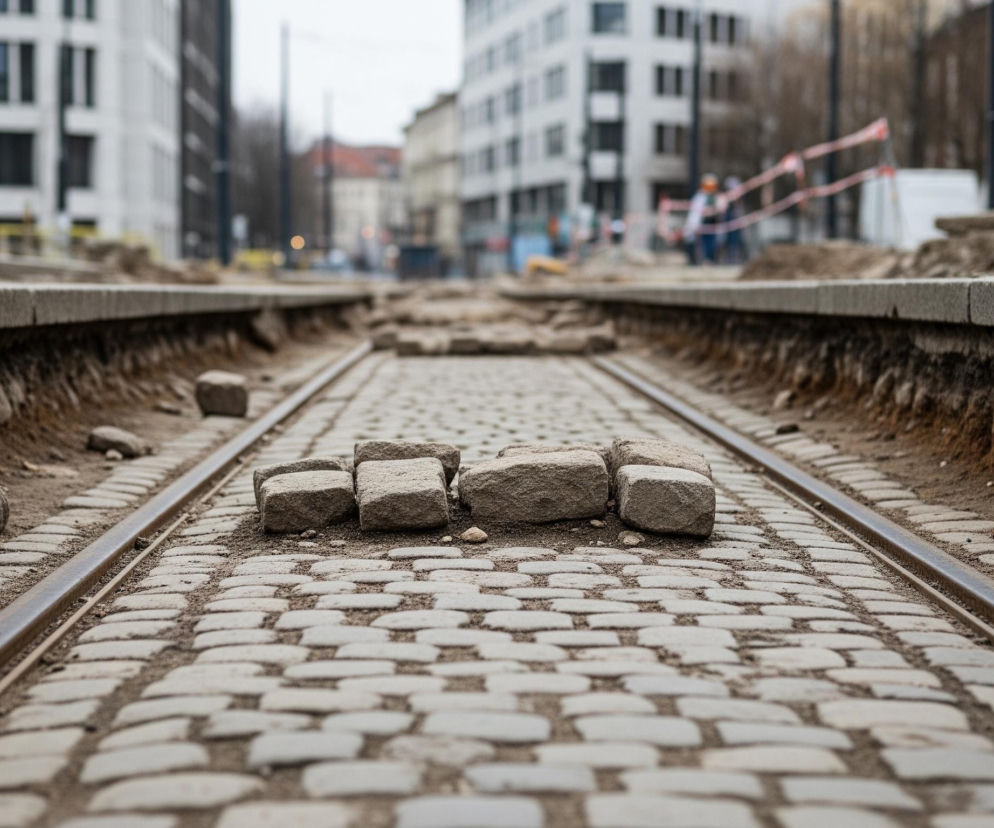 Na pierwszym planie widoczny jest fragment ulicy w trakcie remontu, z torami tramwajowymi biegnącymi przez środek kadru, ułożonymi w rzędzie kostek brukowych. Między torami leży kilka luźnych, kamiennych kostek. Po obu stronach torów widać ziemię i nierówności terenu, które przylegają do betonowych krawężników. W tle rozciąga się miejski krajobraz z rozmazanymi sylwetkami budynków o jasnych fasadach, a także niewyraźne postacie pracowników w kamizelkach i kaskach, otoczone biało-czerwonymi taśmami ostrzegawczymi, co wskazuje na trwające prace budowlane.