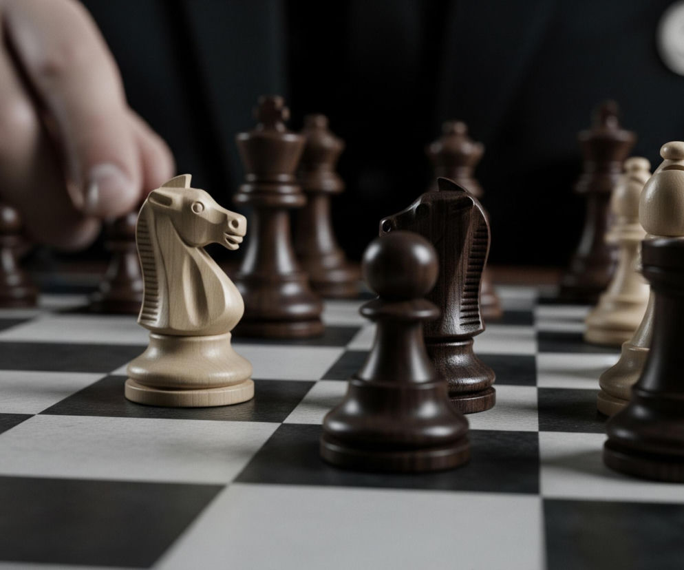 Drewniana szachownica z figurami w kolorze naturalnego drewna i ciemnobrązowym. Blady, drewniany skoczek stoi na jasnym polu na pierwszym planie, z lewej strony, a ciemnobrązowy pionek i wieża znajdują się po jego prawej. W tle widać rozmazane figury obu kolorów, a za nimi, lekko po lewej, znajduje się ręka osoby w ciemnym ubraniu, która wyciąga palce w kierunku szachów. Tło jest ciemne i niewyraźne, a światło pada z lewej strony, oświetlając przede wszystkim jasne figury i fragment szachownicy.