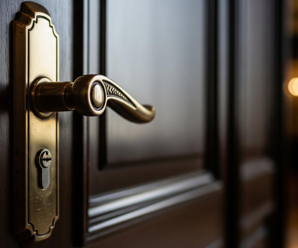 Antyczna, mosiężna klamka z ozdobną płytą i zamkiem znajduje się na brązowych, drewnianych drzwiach, widocznych z perspektywy lekko uchylonych. Lewa strona zdjęcia, stanowiąca około jednej trzeciej kadru, jest jasno oświetlona, co uwydatnia błyszczącą powierzchnię klamki oraz szczegóły jej zdobień w formie liściastego ornamentu i owalnego akcentu. Na dole płyty klamki widoczny jest otwór na klucz z wkładką zamka, o nieco szarawym odcieniu. Prawa część obrazu jest ciemniejsza i rozmyta, ukazując jedynie zarys kolejnych paneli drzwi oraz rozmazane, jasne plamy światła w tle.