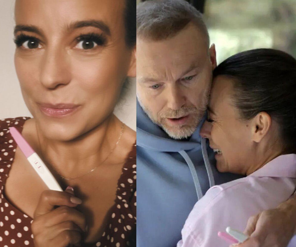 Anna Mucha z testem ciążowym. Obok zdjęcie tulącej się pary z M jak miłość. O serialu przeczytasz na SE Superseriale.
