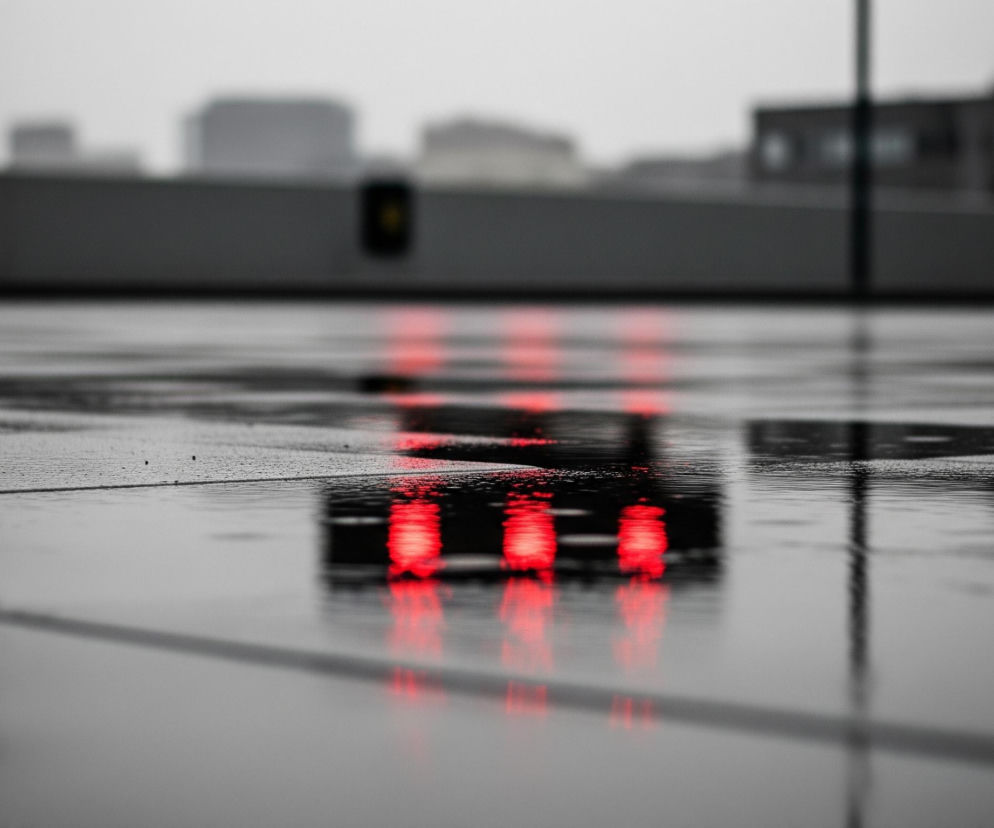 Widoczna jest mokra, ciemna nawierzchnia z odbijającymi się w niej trzema jaskrawoczerwonymi światłami, ułożonymi poziomo. Światła te, wraz z ich odbiciami, tworzą dominujący, intensywny czerwony akcent na tle szarej, rozmytej scenerii. Dalszy plan, poza ostrością, ukazuje zarysy budynków i szare niebo, co nadaje obrazowi ogólny ponury nastrój. Całość kompozycji skupia się na kontraście między ostrością mokrej nawierzchni i świateł a rozmytym tłem.