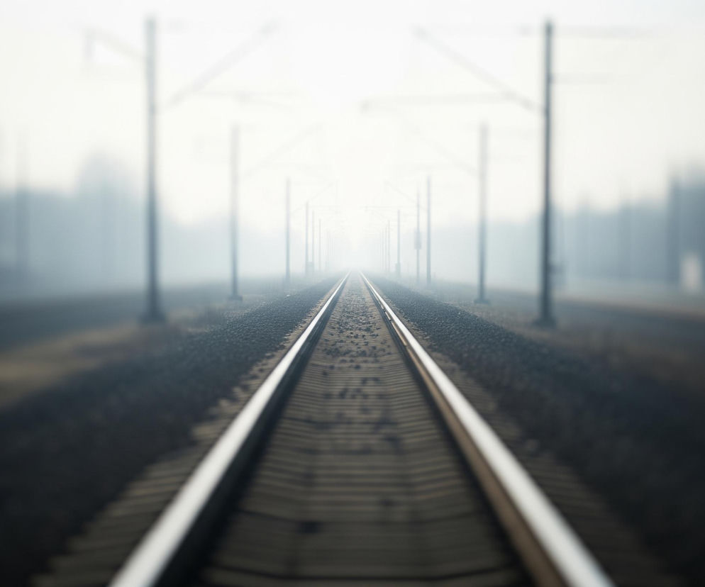 Na pierwszym planie, centralnie, rozciągają się tory kolejowe, których lśniące, srebrzyste szyny zbiegają się w oddali, zanikając w jasnej, rozmytej mgiełce. Tory otoczone są ciemnym żwirem, a po obu stronach widać rozmyte, ciemne pasy terenu. Wzdłuż torów, po obu stronach, rozmieszczone są słupy trakcji kolejowej, które również stają się coraz mniej wyraźne w miarę oddalania się od widza. Horyzont jest rozmyty i jasny, tworząc efekt mglistego lub zamglonego dnia, a po bokach widać ciemne, niewyraźne zarysy drzew lub krzewów.