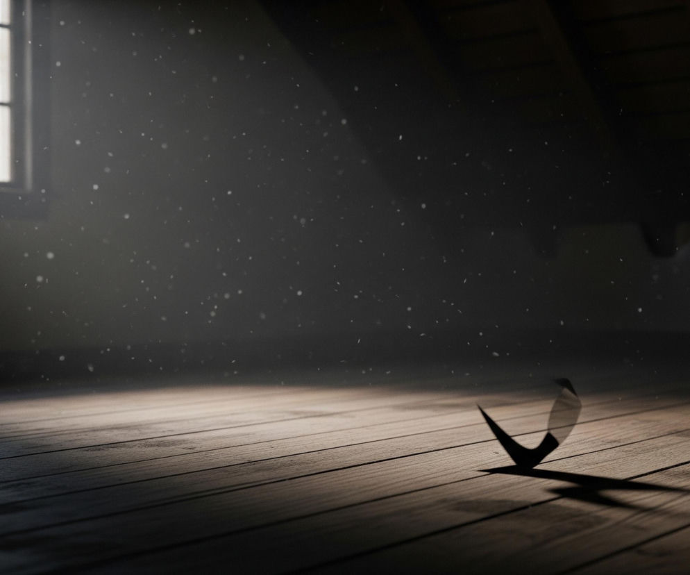 Kawałek czarnego materiału lub papieru o nieregularnym, ostrym kształcie leży na drewnianej podłodze w ciemnym pomieszczeniu. Po prawej stronie obiektu widoczny jest długi, ostry cień. Światło wpada do pomieszczenia przez okno z sześcioma kwadratowymi szybami, znajdujące się w górnym lewym rogu kadru, tworząc jasne pasy na podłodze i oświetlając kurz w powietrzu. Sufit oraz dalsza część pokoju są ciemne, a na górze kadru widać elementy konstrukcji dachu.