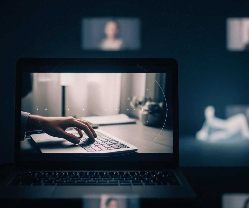 Centralnie umieszczony jest otwarty laptop w ciemnym otoczeniu, jego klawiatura jest podświetlona. Na ekranie laptopa widoczna jest zbliżenie dłoni osoby piszącej na klawiaturze innego, srebrnego laptopa, na jasnym blacie z kilkoma rozmazanymi przedmiotami w tle, z subtelnymi okrągłymi i punktowymi efektami graficznymi nałożonymi na obraz. W tle, na ciemnej ścianie, rozsianych jest osiem rozmazanych, prostokątnych pól przedstawiających niewyraźne sylwetki ludzi, sugerujących połączenie wideo. Całość utrzymana jest w chłodnych odcieniach, z dominacją ciemnego granatu i błękitu, kontrastującymi z jasnymi elementami na ekranie laptopa i rozmytych polach w tle.