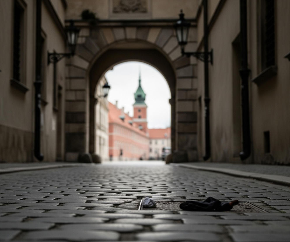 Droga z ciemnej kostki brukowej biegnie przez centrum kadru, rozciągając się od pierwszego planu, gdzie leży zgnieciony papierowy kubek i czarna rękawiczka, aż do jasnego łuku w oddali. Po obu stronach drogi wznoszą się kremowe budynki z ciemnymi oknami i ozdobnymi lampami, tworząc zwężający się tunel. Przez jasny łuk w tle widać fragment czerwonego budynku z zieloną, spiczastą wieżą.