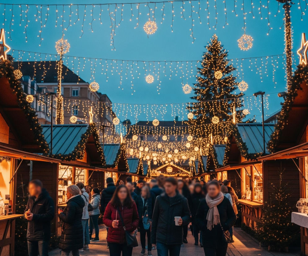 Ulicę wypełniają liczne drewniane budki sprzedażowe z dwuspadowymi dachami, bogato udekorowane girlandami ze światełek oraz stroikami z zielonych gałęzi, z dużymi, świecącymi gwiazdami na szczytach. Nad całą przestrzenią rozciąga się gęsta sieć wiszących lampek, przypominających sople lodu, oraz większych, kulistych ozdób świetlnych, tworzących ciepłe, złote światło na tle ciemniejącego, błękitnego nieba. W głębi obrazu, pośrodku ulicy, wznosi się wysoka, udekorowana choinka, również rozświetlona licznymi lampkami, a po obu stronach ulicy widać zamazane sylwetki budynków. Wielu ludzi, których twarze są zamazane, przechodzi ulicą, a część z nich zatrzymuje się przy budkach, przeglądając wystawione towary i trzymając w rękach kubki lub inne przedmioty.