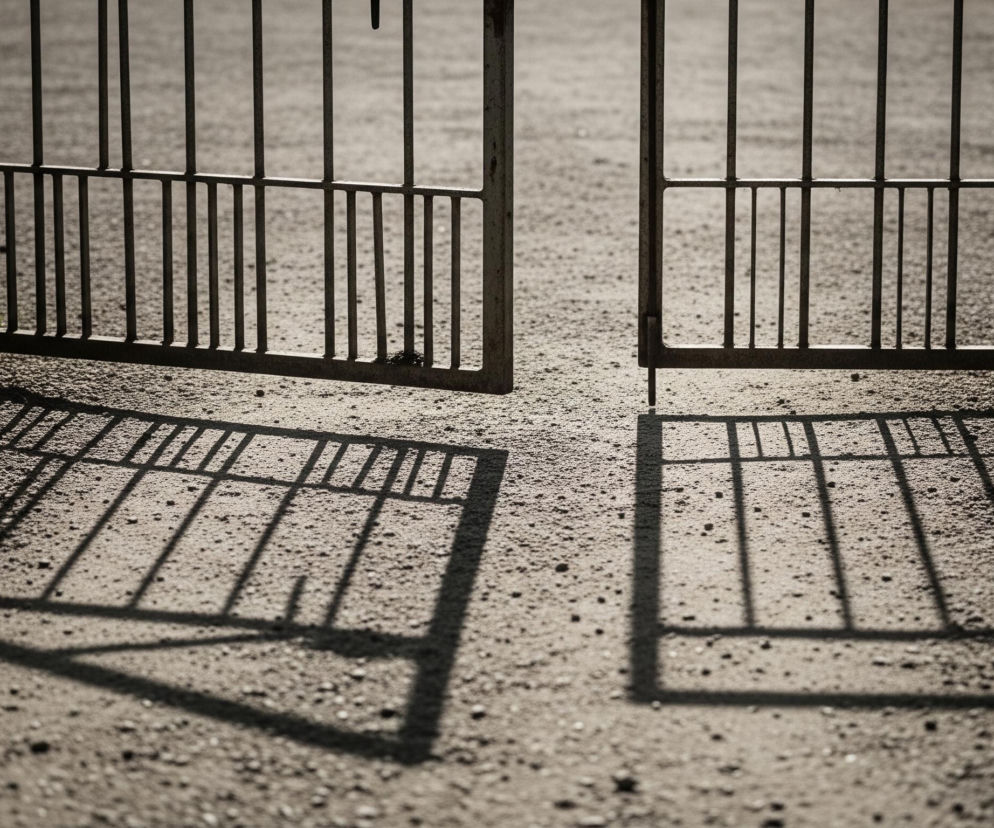 Przed obrazem widać uchyloną, dwuskrzydłową metalową bramę, z której wyraźne cienie padają na grunt. Brama składa się z pionowych prętów połączonych dwoma poziomymi poprzeczkami, tworzącymi prostokątne segmenty. Powierzchnia ziemi to nierówny, piaszczysto-żwirowy teren w odcieniach beżu i szarości, z kilkoma kępkami zielonej trawy widocznymi przy lewej futrynie. Tło jest rozmyte i jaśniejsze niż pierwszy plan, tworząc wrażenie głębi.