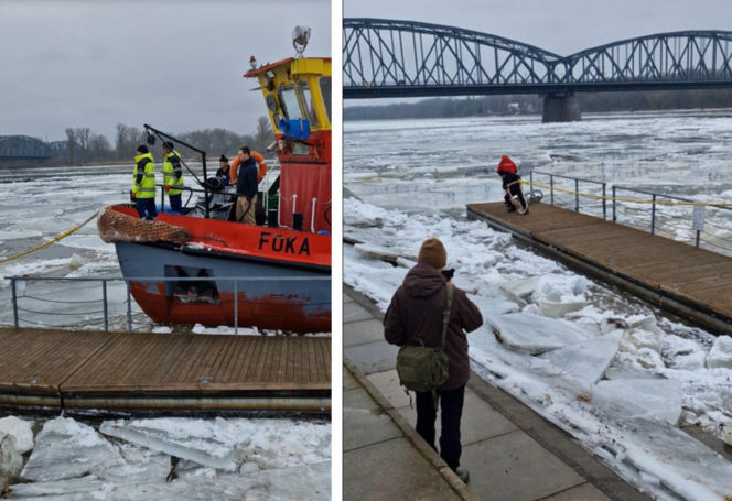 Lodołamacze na Wiśle w Toruniu. Trwa akcja kruszenia lodu