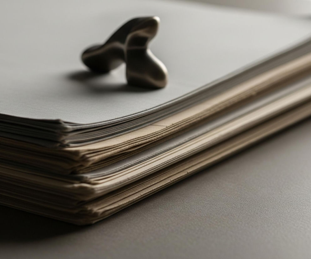 Centralnym punktem obrazu jest stos szarych i beżowych kartek papieru, ułożonych na ciemnoszarym, lekko teksturowanym blacie. Na wierzchu stosu, w górnej części kadru, leży srebrzysty, metaliczny element o nieregularnym, falistym kształcie, który rzuca delikatny cień na papier. Oświetlenie pada z lewej strony, tworząc kontrast między jasnymi powierzchniami a cieniami, szczególnie widocznymi w dolnej części obrazu.