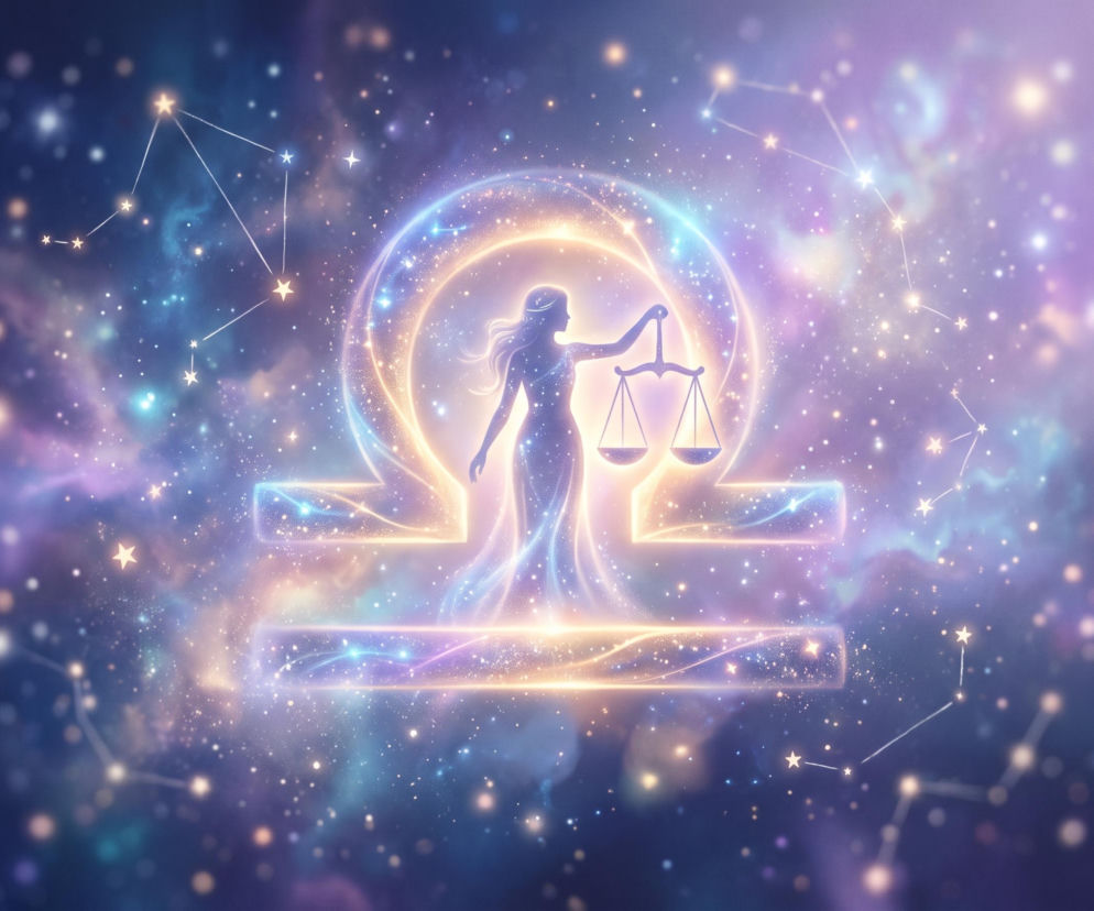 Sylwetka kobiety z wagą na tle kosmosu i symbolu zodiaku. O horoskopie dla Wagi przeczytasz na Eska.