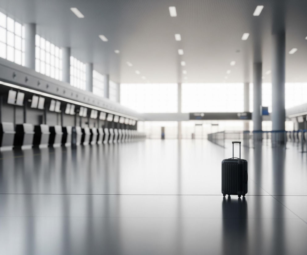 Na błyszczącej, odbijającej światło posadzce w centralnym punkcie kadru stoi czarna walizka na czterech kółkach, z wysuniętą rączką. Walizka ma pionowe przetłoczenia i jest głównym, ostro zarysowanym elementem na tle rozmytego, obszernego wnętrza. Po lewej stronie ciągnie się rząd pustych, ciemnych stanowisk odpraw z zawieszonymi nad nimi jasnymi monitorami. Po prawej stronie widoczne są szare kolumny i niebieskie liny odgradzające strefy, prowadzące w głąb pomieszczenia. Całe wnętrze jest jasne i przestronne, z dużymi oknami w górnej części ścian, przepuszczającymi rozproszone światło, oraz prostokątnymi lampami sufitowymi.