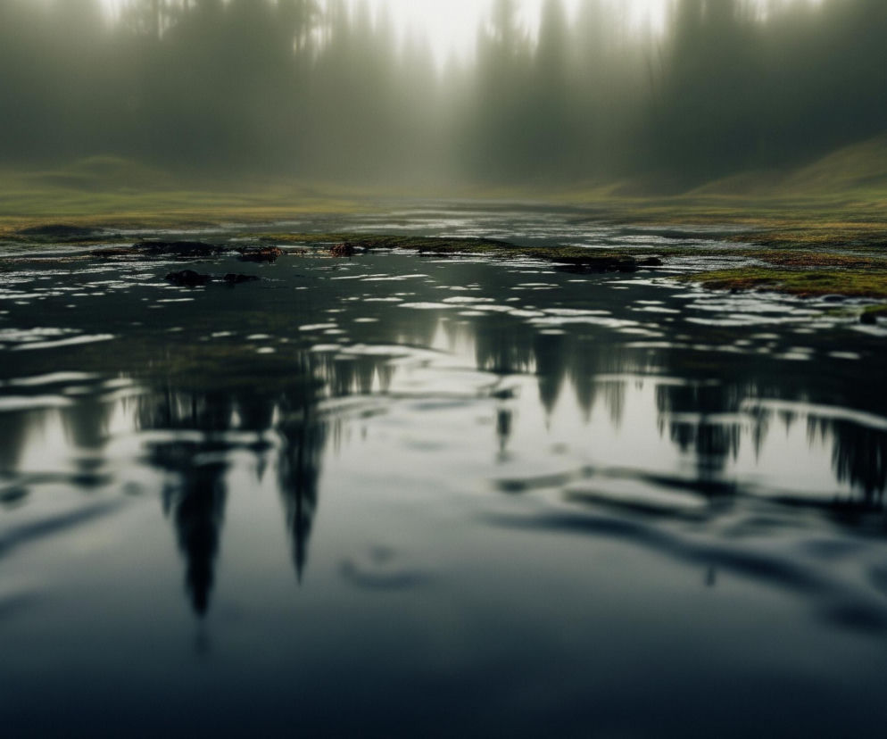 Duże kałuże lub płytki zbiornik wodny rozciągają się przez środek kadru, odbijając drzewa widoczne w tle. Woda jest ciemna, a jej powierzchnia miejscami rozjaśniona przez odbicia światła i małe fale, które tworzą białe smugi. Po obu stronach wody widoczne są fragmenty lądu pokryte zielono-brązową trawą i mchem, z lekko pofalowanym terenem. Dalej, w głębi, znajduje się las iglasty o niewyraźnych kształtach, częściowo zakryty mgłą lub oparem, a nad nim rozjaśnione niebo.