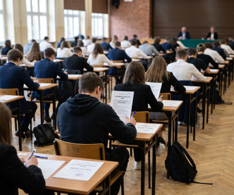 Uczniowie piszący egzamin maturalny w auli. O procedurze odwołania od wyniku matury przeczytasz na MJM.