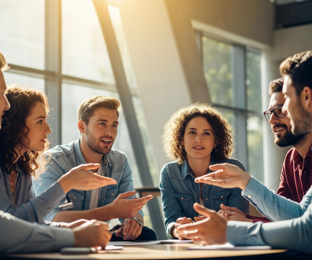 Sześć osób siedzi przy okrągłym stole w słonecznym pomieszczeniu, angażując się w rozmowę. Trzy kobiety i trzech mężczyzn, ubrani w casualowe stroje w odcieniach niebieskiego i czerwieni, gestykulują rękami, wskazując na aktywną dyskusję. Tło stanowią duże okna, przez które wpada jasne, złociste światło słoneczne, tworząc refleksy i poświatę.