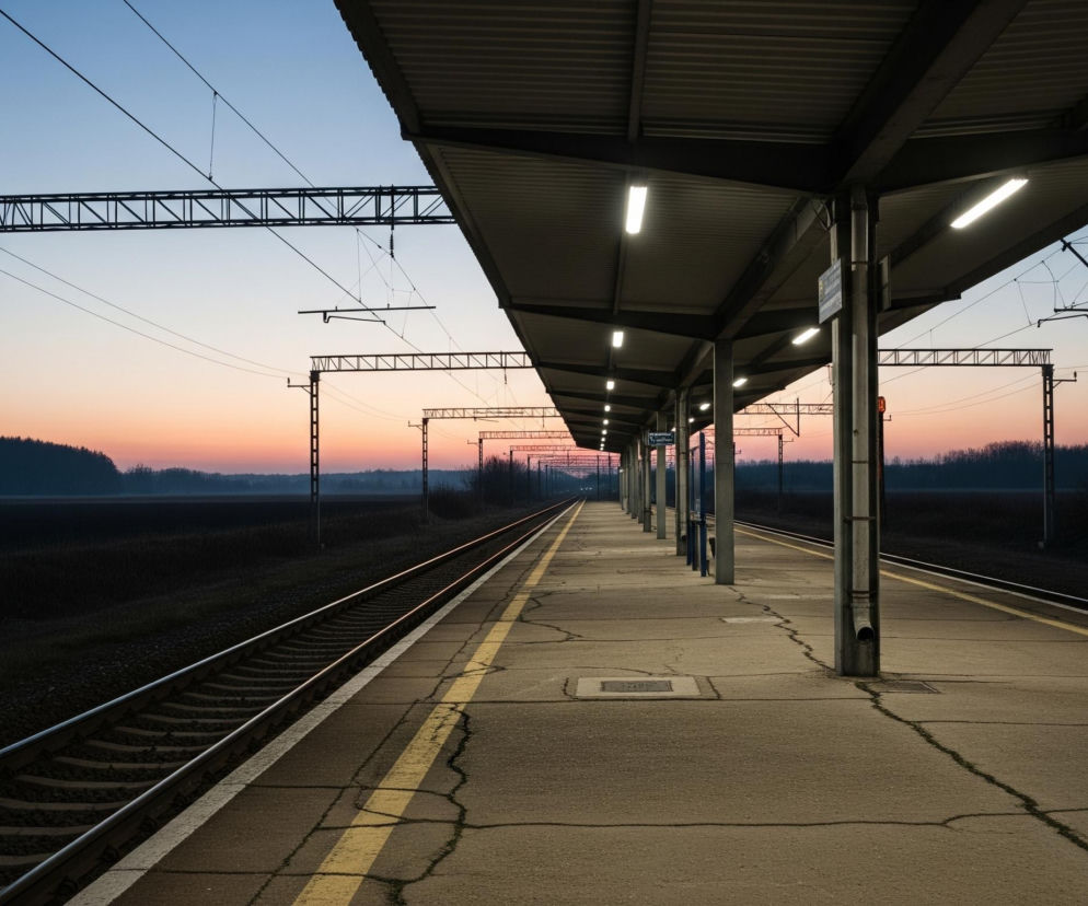 Przedstawiono peron dworca kolejowego o zmierzchu lub świcie. Betonowy peron z widocznymi pęknięciami i żółtą linią bezpieczeństwa rozciąga się w głąb obrazu, a po lewej stronie biegną dwa tory kolejowe z metalowymi szynami na tłuczniu. Nad torami i peronem znajduje się konstrukcja wsporcza dla linii energetycznych i sieć trakcyjna, której elementy są widoczne jako ciemne sylwetki na tle nieba. Dach peronu, podtrzymywany przez szereg filarów, wyposażony jest w jasne, świecące lampy jarzeniowe, rzucające światło na powierzchnię. Horyzont ukazuje pasmo lasu w oddali, a niebo, stopniowo rozjaśniające się od granatowego błękitu u góry do różowo-pomarańczowego odcienia tuż nad lasem, sugeruje wschód lub zachód słońca.