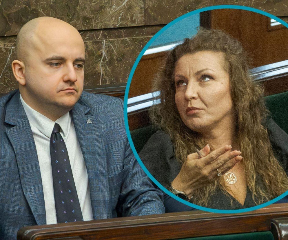 Poseł Dariusz Matecki w Sejmie. Na miniaturze posłanka Monika Pawłowska. O ich konflikcie przeczytasz na Eska.