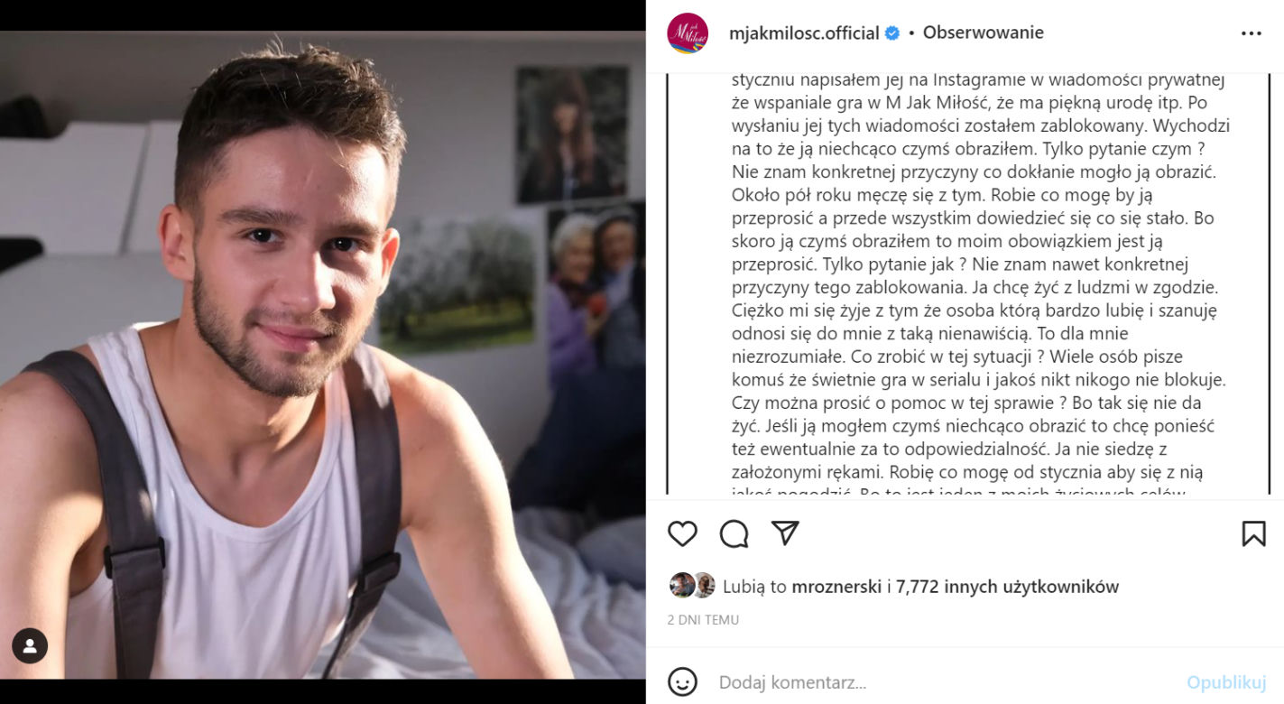 M jak miłość. Podejrzany wpis fana Kariny Woźniak 