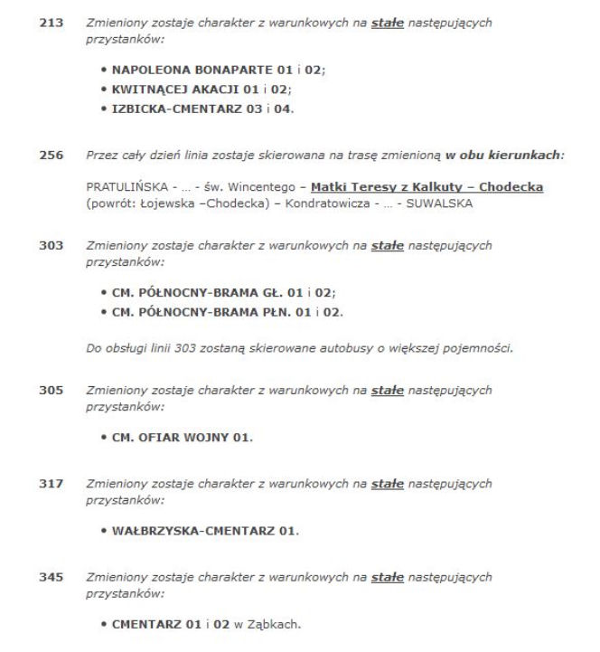 CZĘŚĆ 1      Zmiany obowiązujące w dniach 23-27.10.2017 r. oraz 2.11.2017 r. (poniedziałek-piątek oraz czwartek)