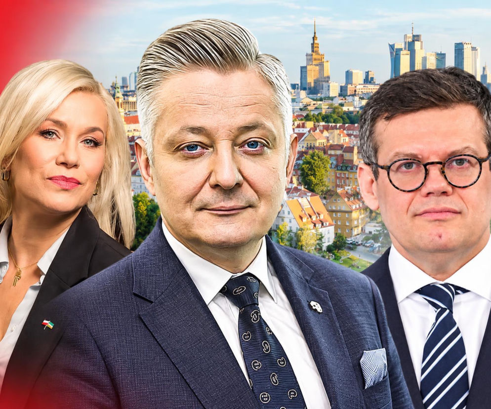 Kamila Biedrzycka, Krystian Markiewicz i Maciej Berek na tle Warszawy. O sporze w TK przeczytasz na SE Polityka.