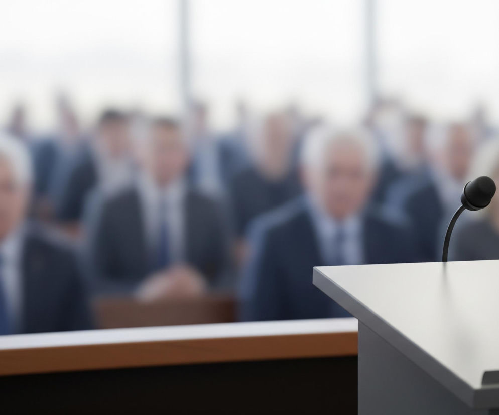 Na pierwszym planie widoczna jest biała mównica z mikrofonem na elastycznym ramieniu, umieszczona po prawej stronie. Za mównicą, po lewej, znajduje się długi, brązowy blat. Tło wypełnia rozmyty tłum ludzi w garniturach, z jasnymi pasmami włosów u niektórych, sugerującymi dorosłych uczestników, siedzących w rzędach. Dalej w tle widać jasne, duże okna, wpuszczające dzienne światło.