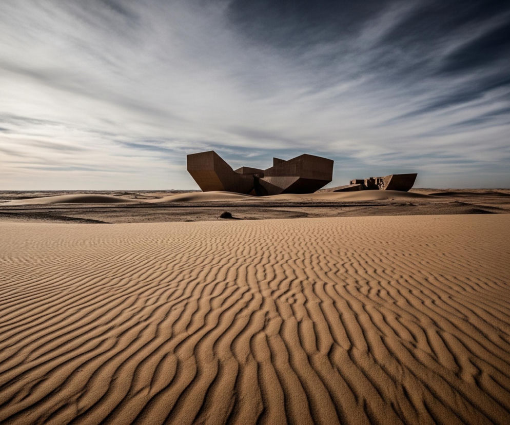 Na pierwszym planie rozciąga się piaszczysta pustynia z wyraźnymi, falistymi grzbietami ułożonymi równolegle, tworzącymi rytmiczny wzór. Piasek ma odcień beżowo-brązowy, przechodzący w ciemniejsze tony w zagłębieniach i jaśniejsze na szczytach. W oddali, na horyzoncie, widoczne są abstrakcyjne, geometryczne konstrukcje o barwie ciemnego brązu, przypominające masywne bloki skalne lub futurystyczne budowle, częściowo zagłębione w piasku. Niebo nad pustynią jest częściowo zachmurzone, z rozciągającymi się na dużej powierzchni smugami białych chmur na tle błękitu, który staje się ciemniejszy w górnej części kadru.