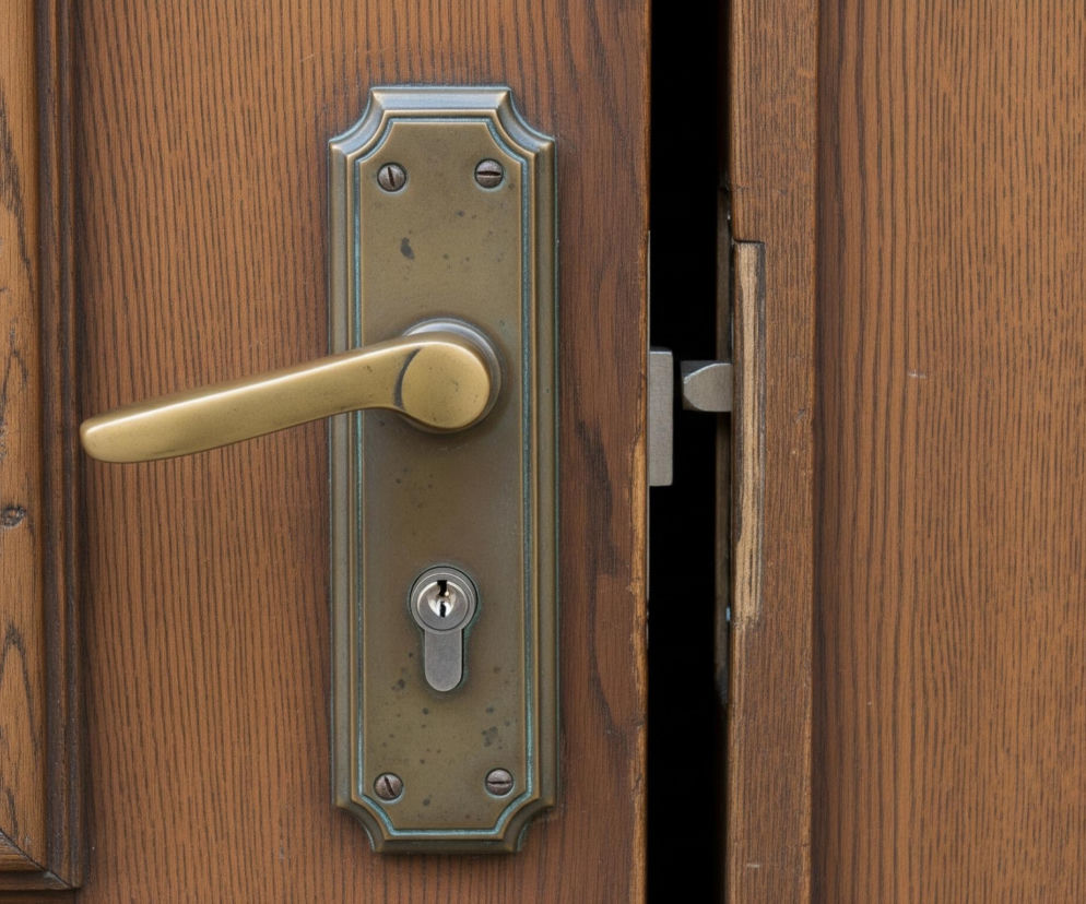 Przedstawione są otwarte drewniane drzwi z widocznym mechanizmem zamka. Dominują odcienie brązu drewna z wyraźnym, pionowym usłojeniem. Po lewej stronie znajduje się mosiężna, ozdobna plakietka zamka z klamką skierowaną w lewo i otworem na klucz poniżej. Pomiędzy dwoma skrzydłami drzwi widoczna jest wąska, czarna szczelina, a w niej fragment srebrnego rygla.