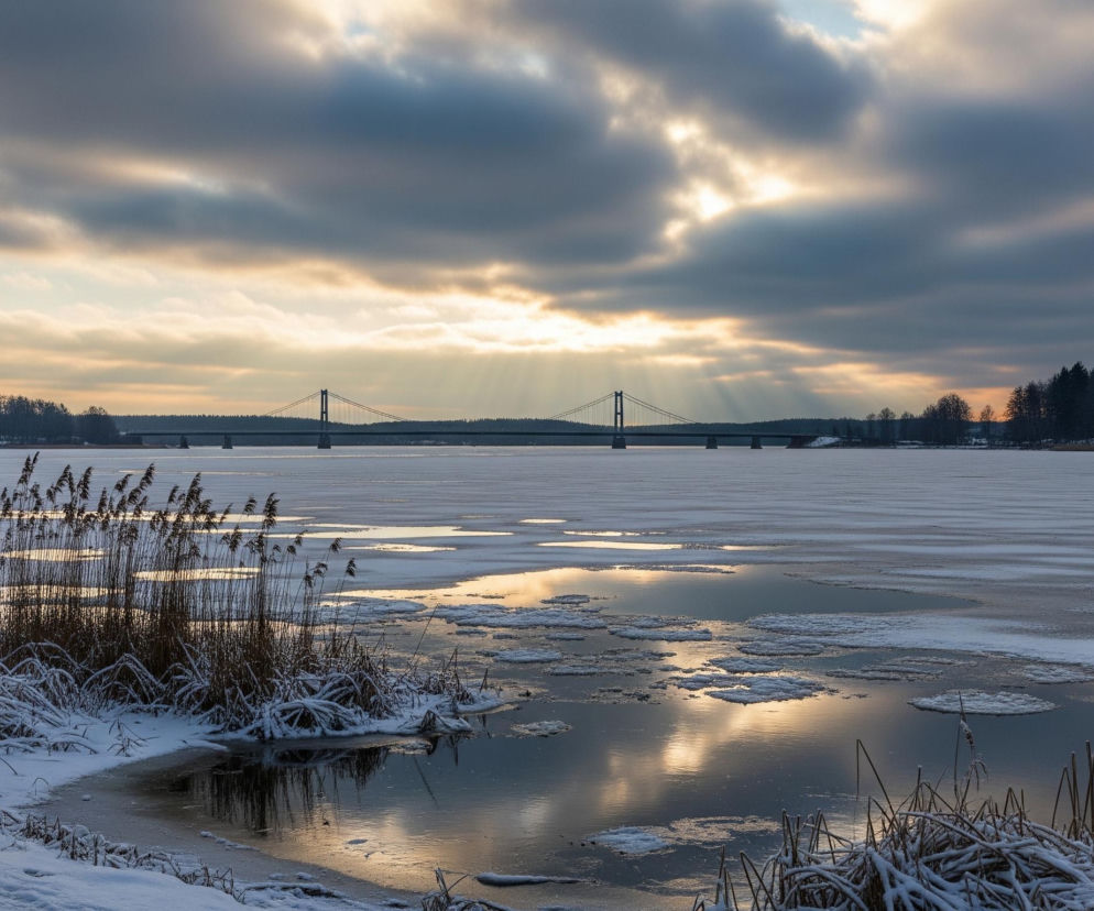 Kobieta w zielonej zimowej kurtce z futrzanym kapturem idzie ścieżką pokrytą śniegiem, odwrócona plecami do obserwatora, w kierunku zamarzniętego jeziora. Jezioro pokryte jest częściowo lodem i śniegiem, z fragmentami otwartej wody, w której odbija się złociste światło zachodzącego słońca i ciemne chmury. W tle widoczny jest długi most wiszący z dwoma wieżami, rozciągający się nad zamarzniętą powierzchnią, a za nim ciemny las. Niebo jest częściowo zachmurzone, z promieniami słońca przebijającymi się przez chmury.