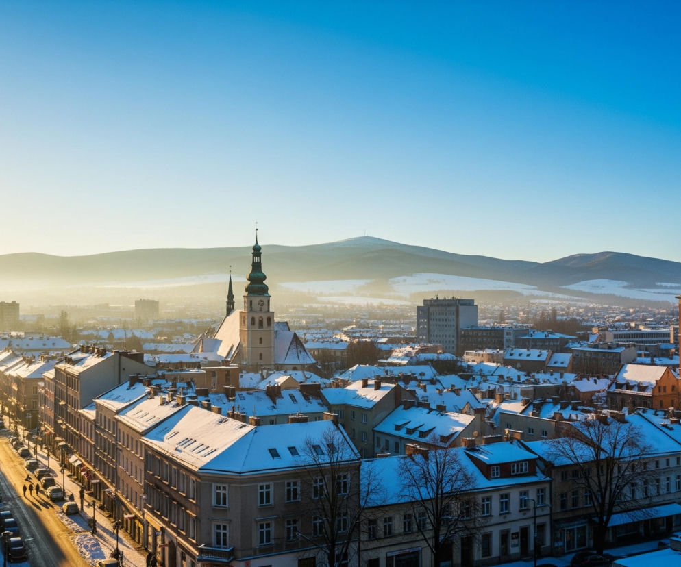 Panoramę zimowego miasta widać z lotu ptaka o zachodzie słońca. Duże promienie zachodzącego słońca rozchodzą się z lewej strony, oświetlając ośnieżone dachy budynków i ulicę, na której widoczne są sylwetki pieszych oraz zaparkowane samochody. Dominują dwa kościoły z wysokimi wieżami, a w tle rozciągają się pokryte śniegiem wzgórza i góry, zanikające w błękitno-żółtej poświacie zachodzącego słońca.