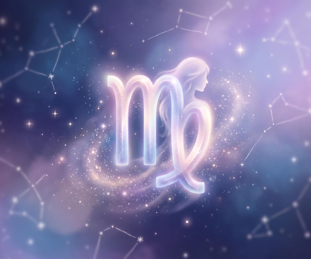 Świecący symbol znaku zodiaku Panna na tle gwieździstego nieba i sylwetki kobiety. Horoskop Panny sprawdzisz w Eska.