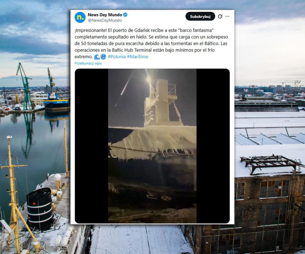 Wygląda jak zwiastun apokalipsy. Do portu w Gdańsku wpłynął statek pokryty lodem
