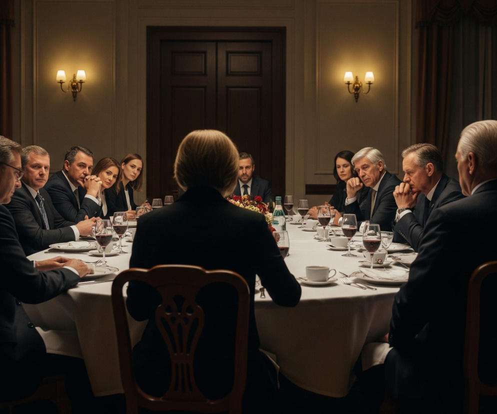 Wnętrze eleganckiego pomieszczenia przedstawia grupę ludzi zasiadających przy dużym, okrągłym stole pokrytym białym obrusem. Większość osób ubrana jest w ciemne garnitury, a ich twarze wyrażają skupienie lub zadumę; część gestykuluje lub podtrzymuje podbródek dłonią. Na stole widać zastawę stołową, szklanki i kieliszki z czerwonym winem, a także niewielką kompozycję z czerwonych kwiatów pośrodku. Pomieszczenie oświetlone jest przez cztery kinkiety umieszczone na ścianach oraz światło padające z niewidocznego źródła, a na jednej ze ścian widoczne są brązowe, dwuskrzydłowe drzwi.