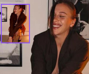 Śliczna Amanda Anisimova w rozpiętym żakiecie i minispódniczce. Stanik wiele nie zakrywa