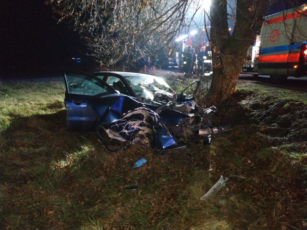 Audi wypadło z drogi i uderzyło w drzewo. Kierowca uwięziony w zmasakrowanym aucie!
