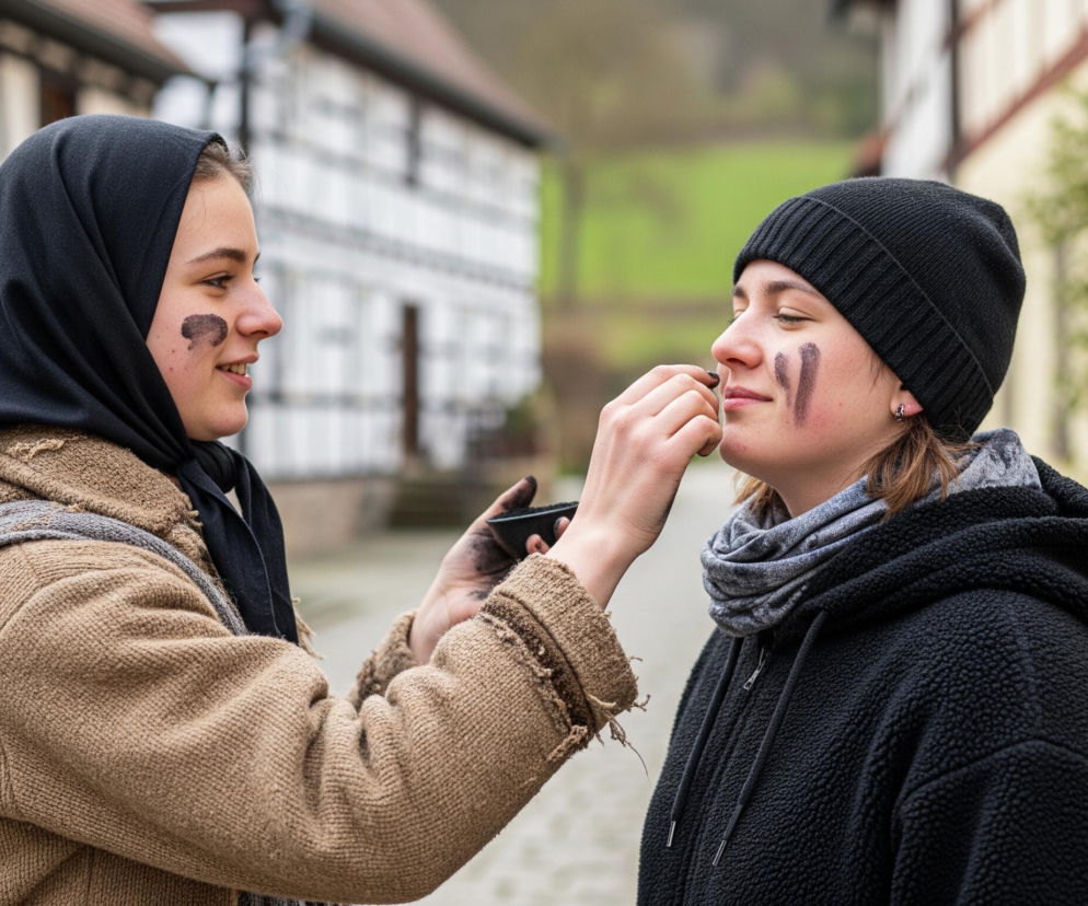 Dwie młode kobiety stojące na brukowanej uliczce są centralnymi postaciami zdjęcia. Kobieta po lewej, ubrana w płaszcz w odcieniach beżu i szarości oraz czarną chustę na głowie, aplikuje ciemną substancję na twarz drugiej kobiety. Ma już ciemną plamę na policzku i uśmiecha się lekko. Kobieta po prawej, w czarnej czapce i czarnej bluzie z kożuszkiem, ma już dwie ciemne pionowe smugi na lewym policzku, a jej oczy są lekko przymknięte. W tle widoczne są tradycyjne domy o jasnych fasadach z ciemnymi, drewnianymi belkami, tworzące aleję.