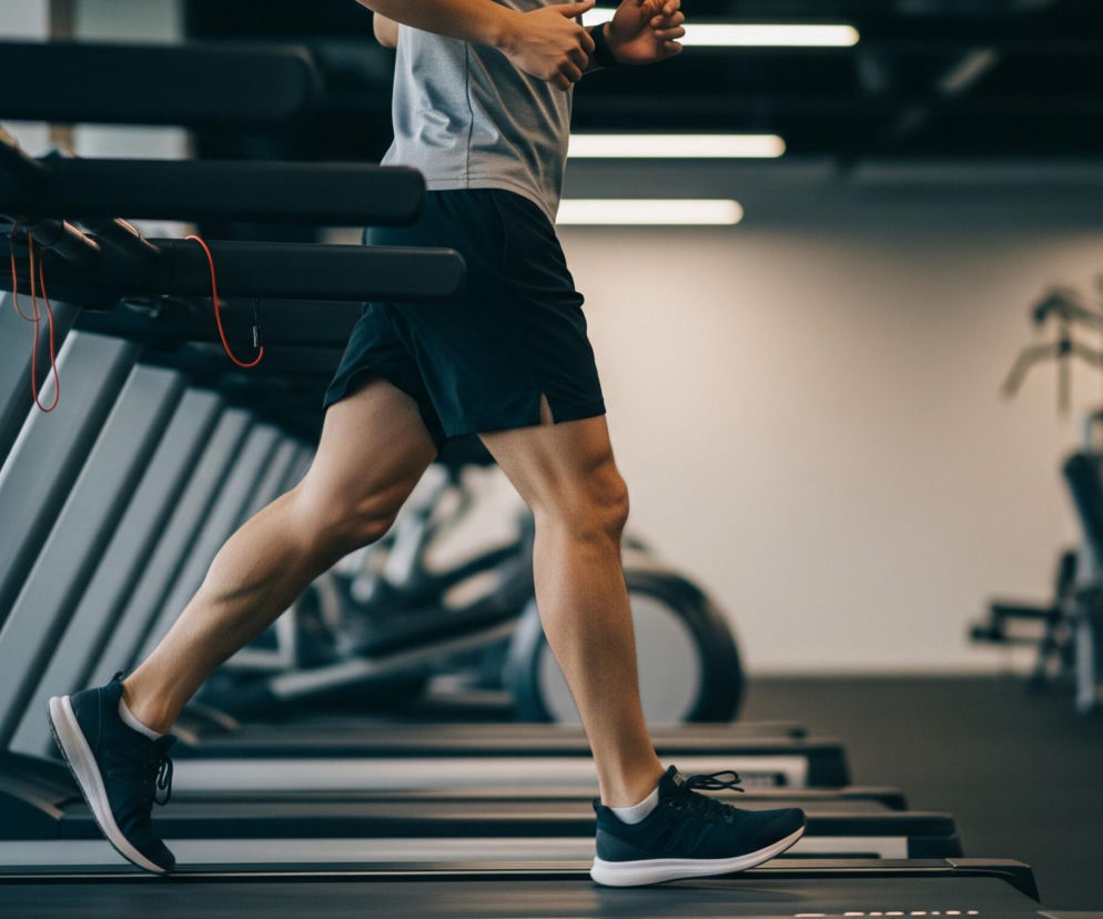 Mężczyzna biegnie na bieżni w siłowni, widoczny jest od pasa w dół z lewą nogą z przodu, a prawą w fazie odbicia. Ma na sobie szarą koszulkę, czarne krótkie spodenki i ciemne buty sportowe z białą podeszwą, a na lewym nadgarstku widoczny jest czarny zegarek. Tło składa się z rzędu innych bieżni po lewej stronie oraz niewyraźnie zarysowanych maszyn do ćwiczeń i białej ściany po prawej. Na suficie widać podłużne, świetlne oprawy.