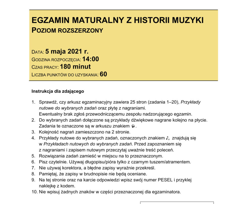 Matura 2021: historia muzyki. Pytania, arkusz CKE, zadania [poziom rozszerzony matura 5.05.2021] 