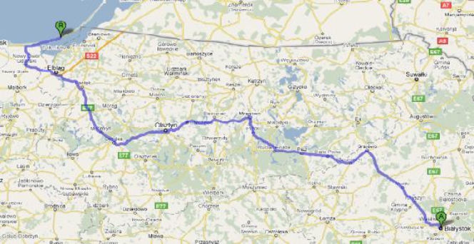 Trasa 16 Białystok-Krynica Morska - mapka